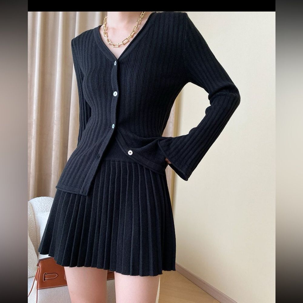 Commense Black Ribbed skirt and cardigan coordinated set